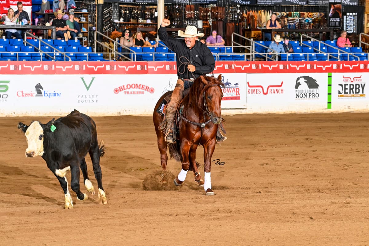 Cowboy in black shirt and straw hat raises his fist in celebration aboard a sorrel horse working a black calf in an arena