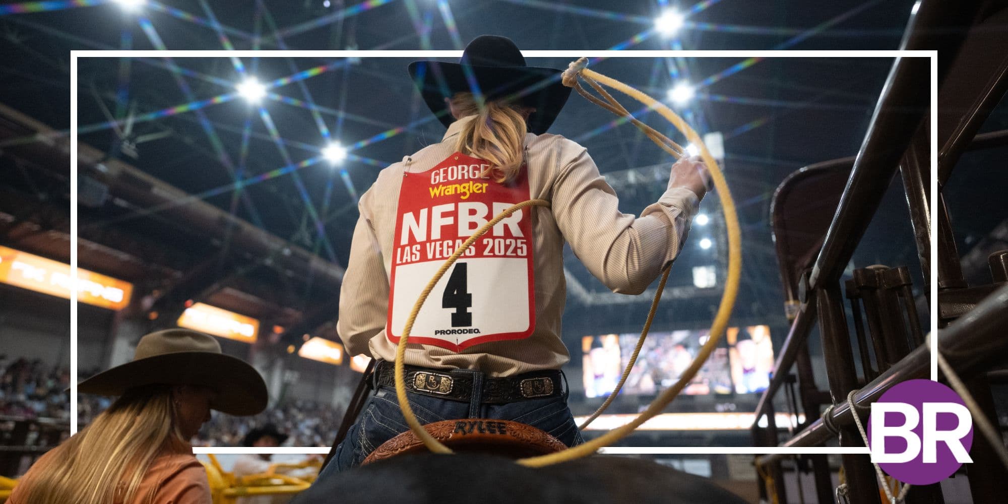Breakaway roper wearing NFBR Las Vegas 2025 contestant number 4 builds a loop on horseback in the arena chute