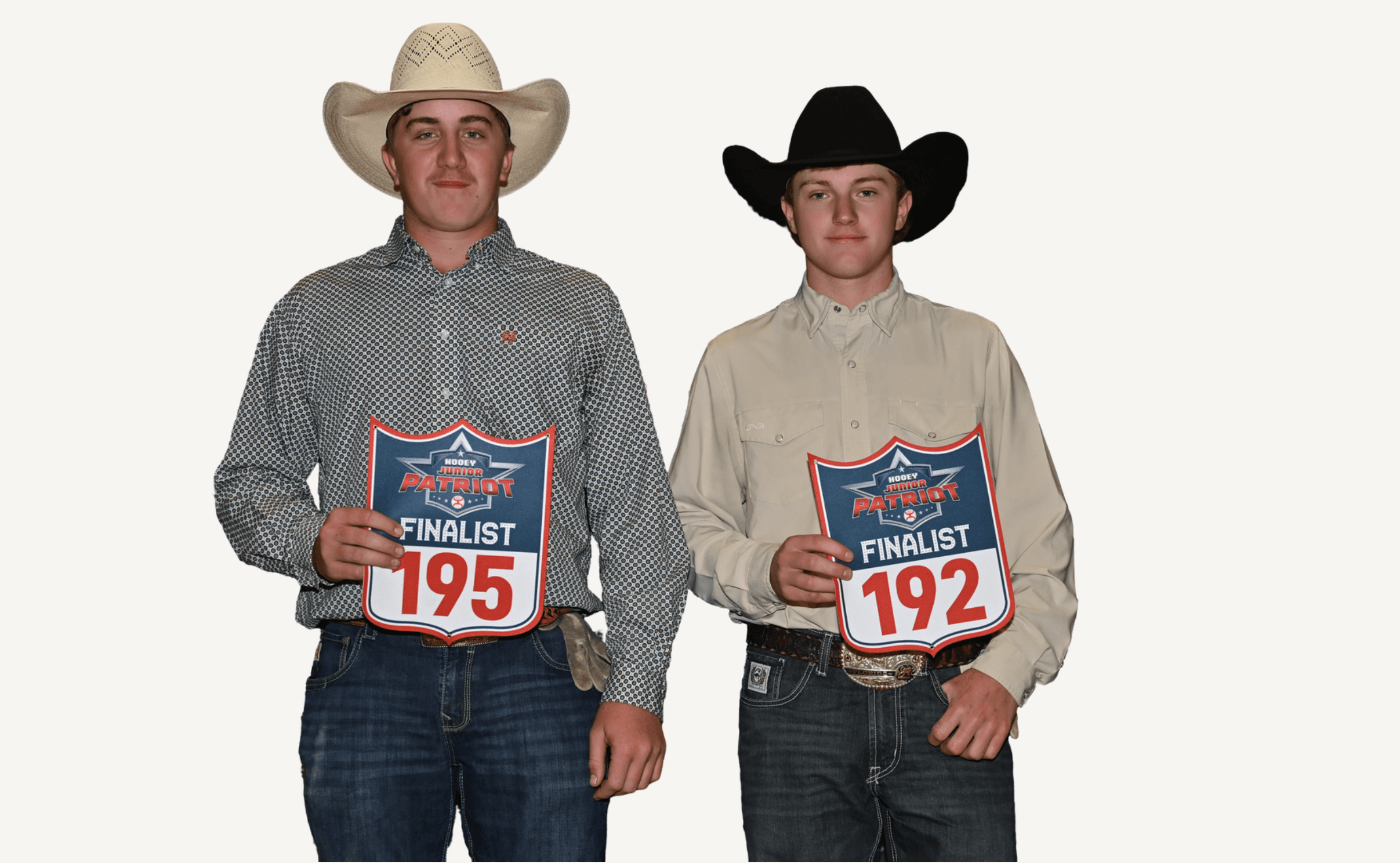 Two cowboys in western attire holding "Patriot Finalist" badges numbered 195 and 192