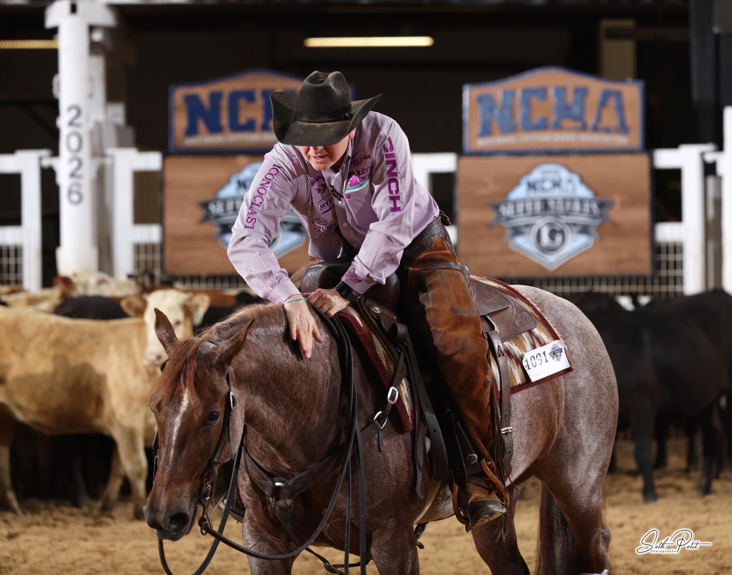 Cutting horse rider in striped shirt and chaps pats his roan horse's neck in front of NCHA arena signage and cattle