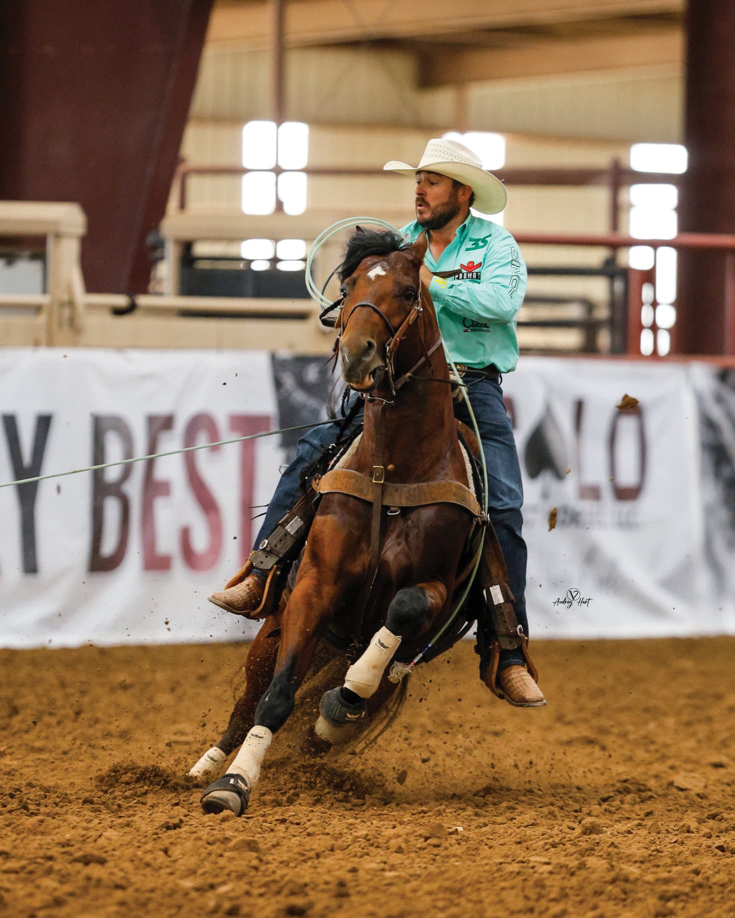 Cowboy on bay horse executing a sharp turn in indoor arena during roping event, wearing turquoise shirt and cream hat