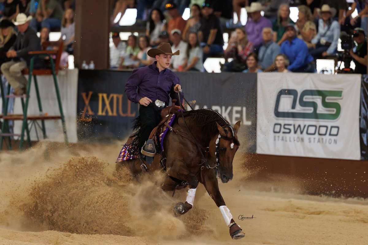 Reining rider in a purple shirt and cowboy hat slides his sorrel horse to a stop, throwing up a wall of arena dirt