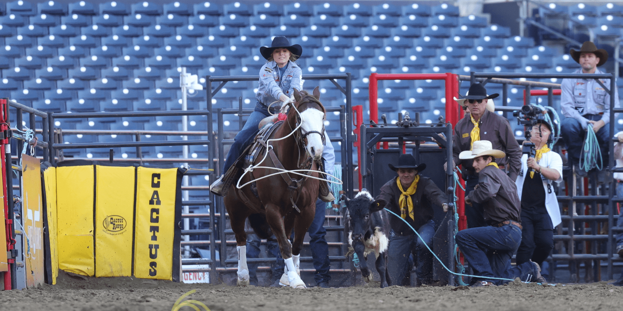 Breakaway roper on a sorrel horse bursts from the box after a calf as chute crew and spectators watch in an arena
