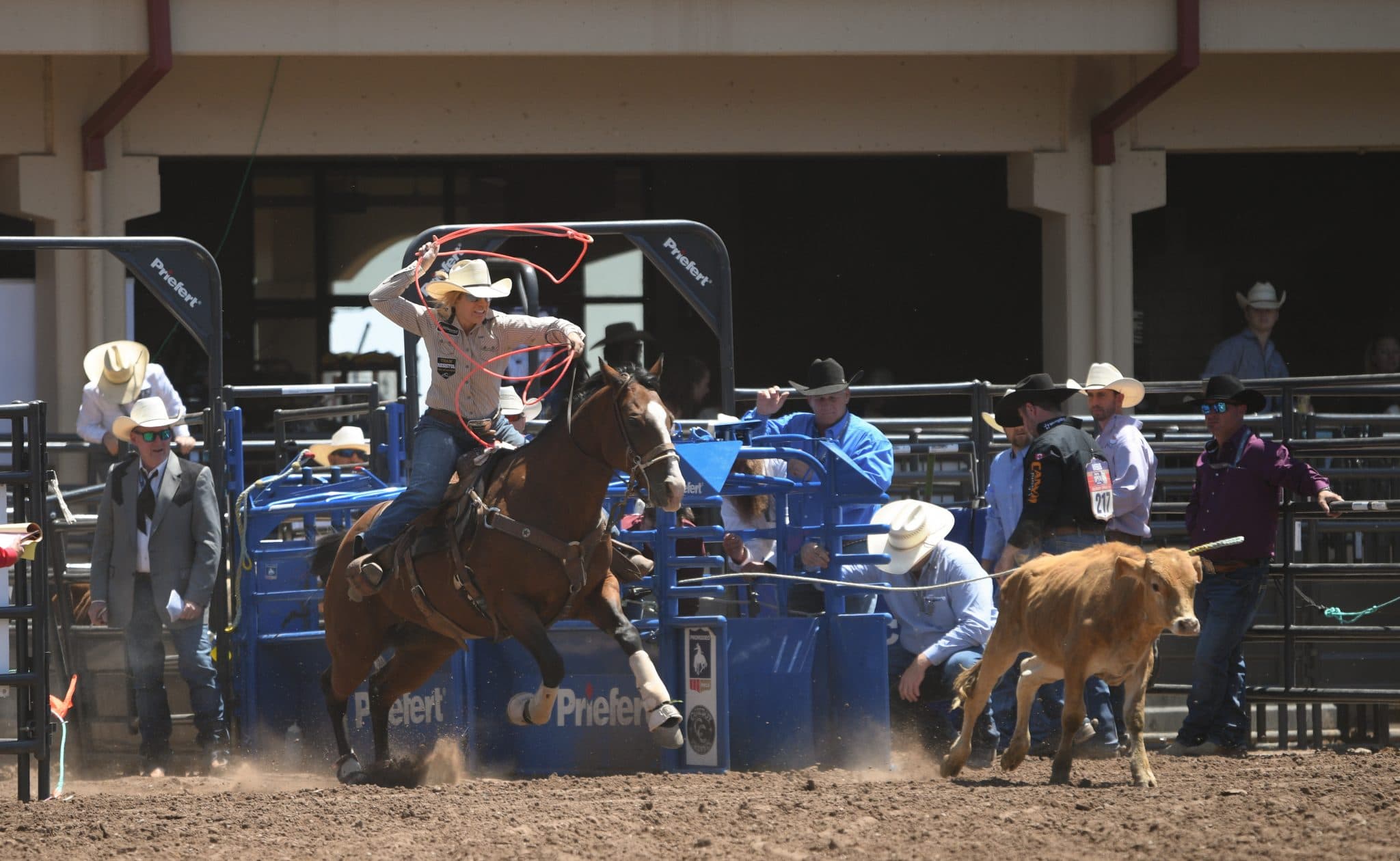 Maddy Deerman chases down her calf at the NFR Open