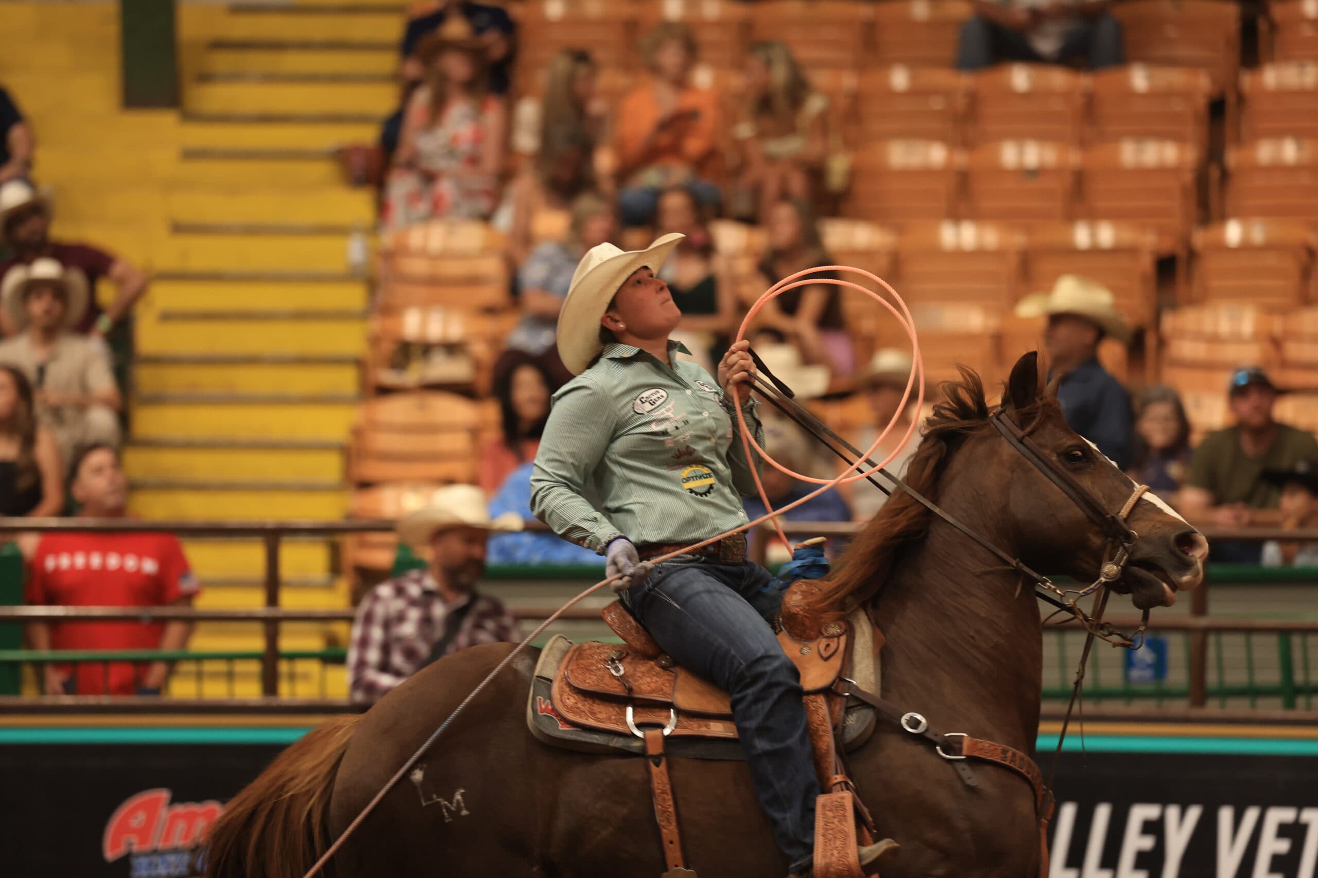 Roper on horseback spins lasso overhead while competing in rodeo arena with bleachers of spectators in background