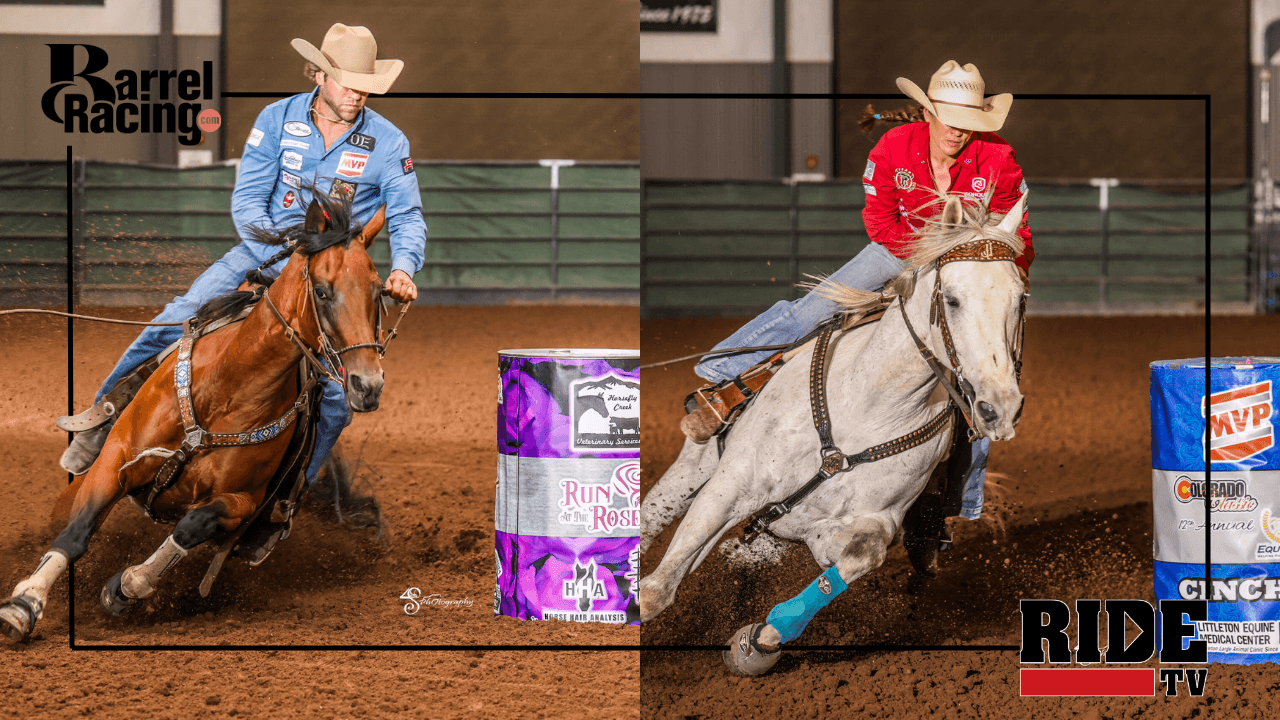Split image of two barrel racers rounding barrels at speed, one on a bay horse and one on a gray, in a dirt arena
