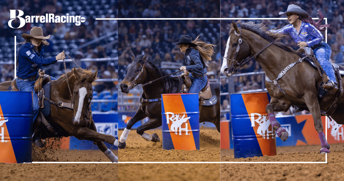 brittany pozzi, kassie mowry and leslie smalygo barrel racing on horses at RodeoHouston