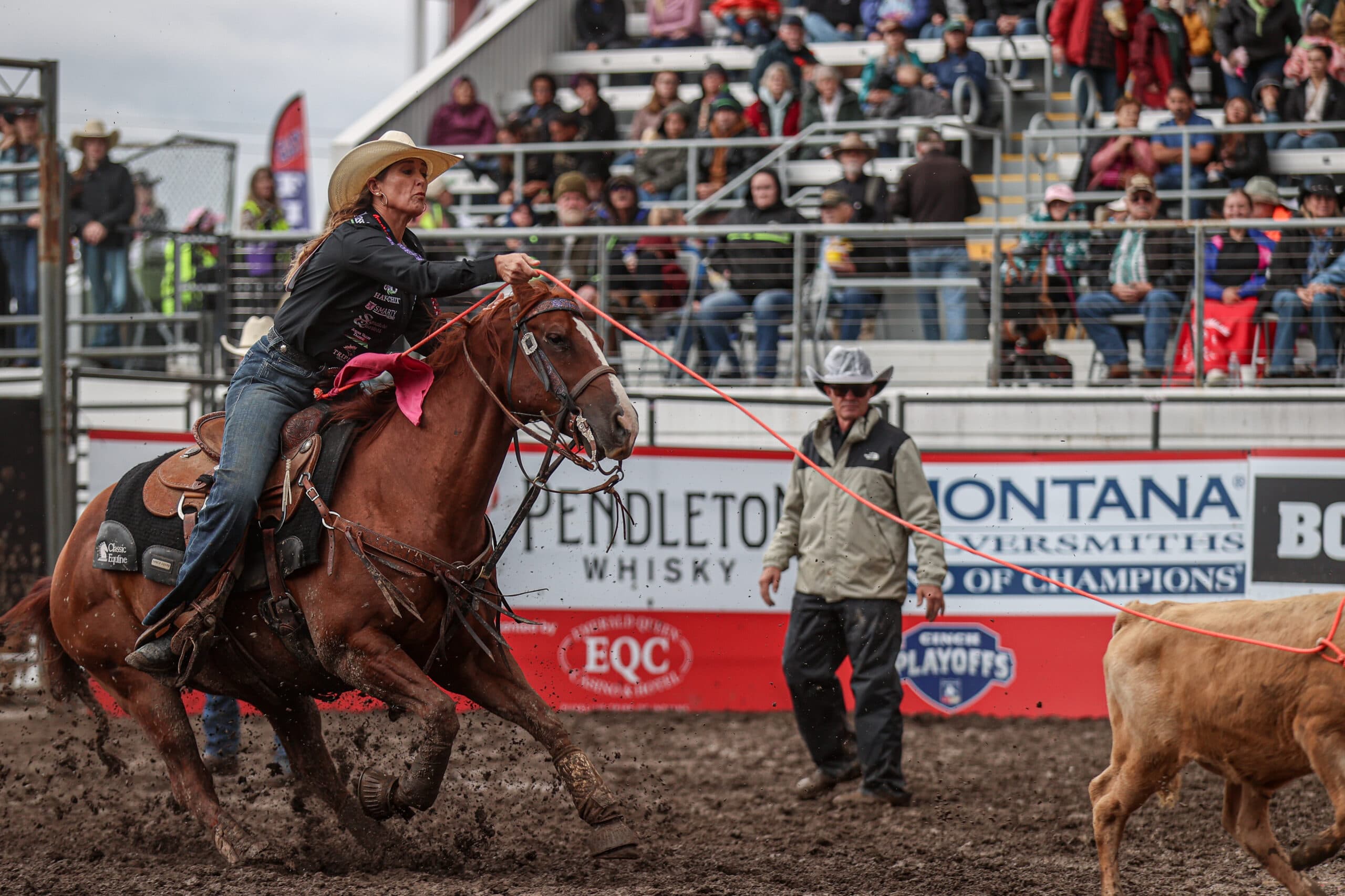 Cowgirl on chestnut horse roping steer during rodeo event, with arena fence and spectators in bleachers behind