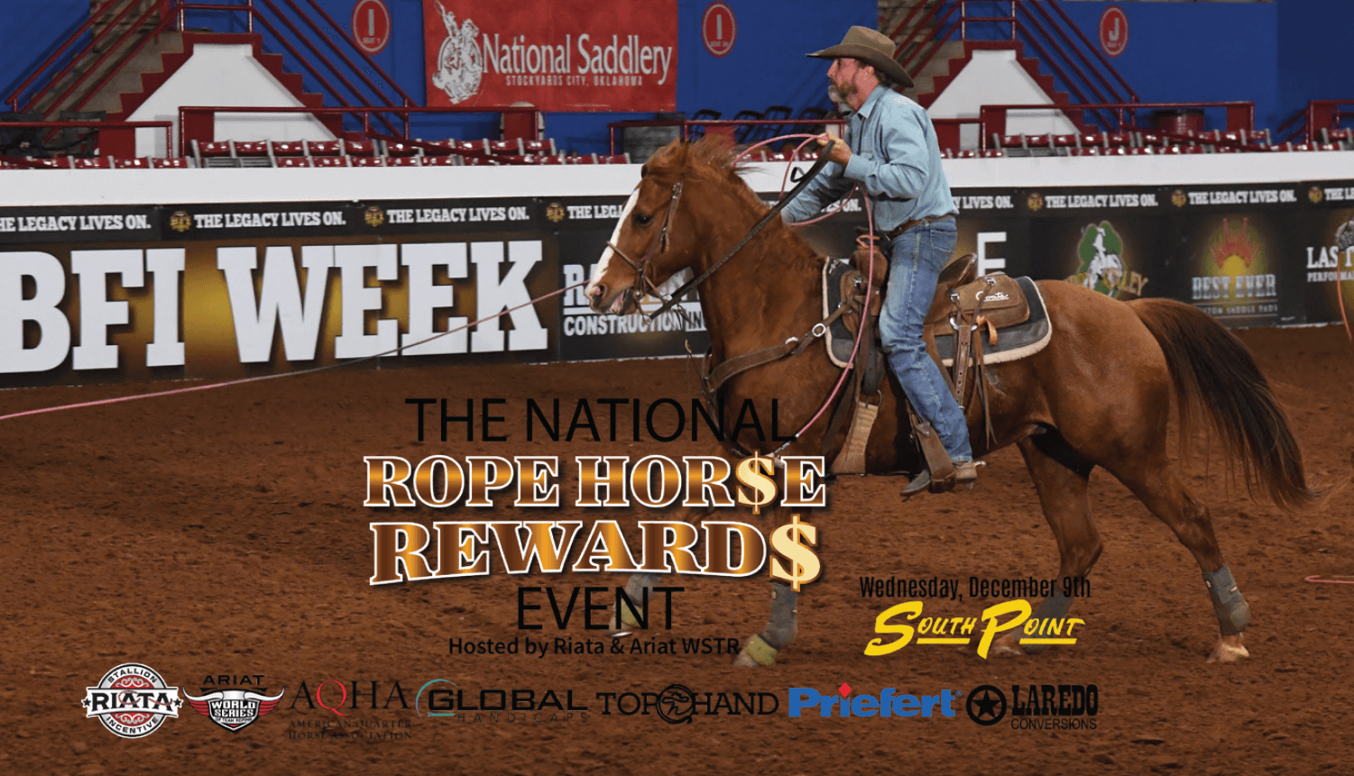 Cowboy on brown horse with rope at National Rope Horse Rewards Event, South Point, December 9th