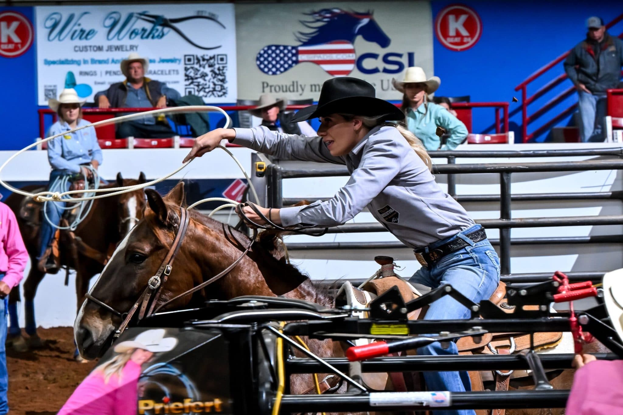 Sarah Angelone leaves the box during the breakaway roping at the BFI.