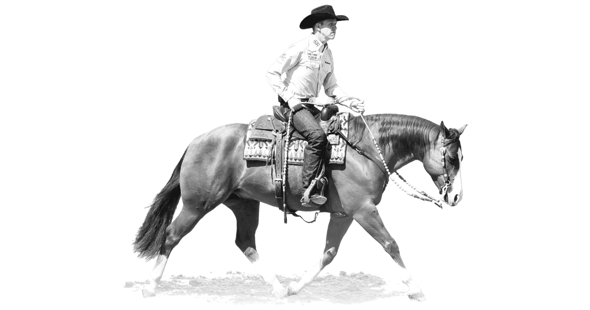 Black-and-white photo of a rider in a cowboy hat and show shirt loping a Western pleasure horse on a loose rein