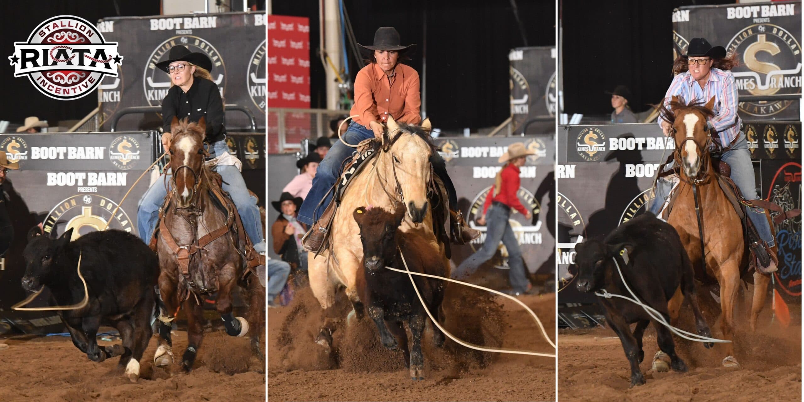 Three-panel collage of breakaway ropers chasing calves at an indoor rodeo with Boot Barn and Kimes Ranch banners behind them