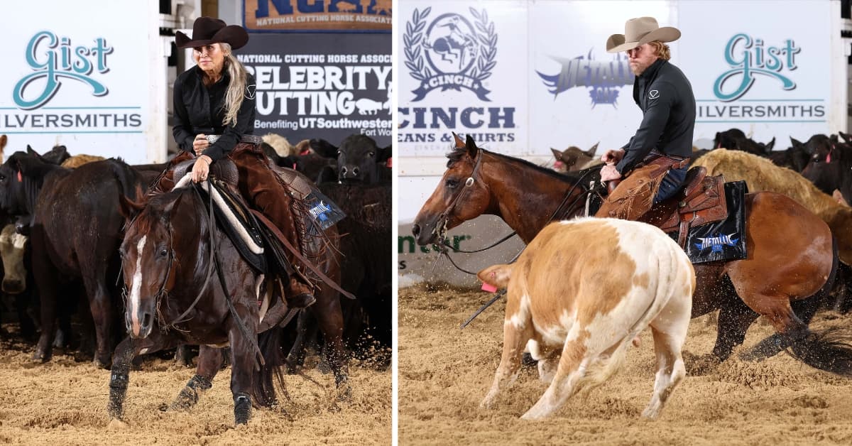 Split image of two cutting horse riders working cattle in an arena with NCHA Celebrity Cutting and Cinch banners behind