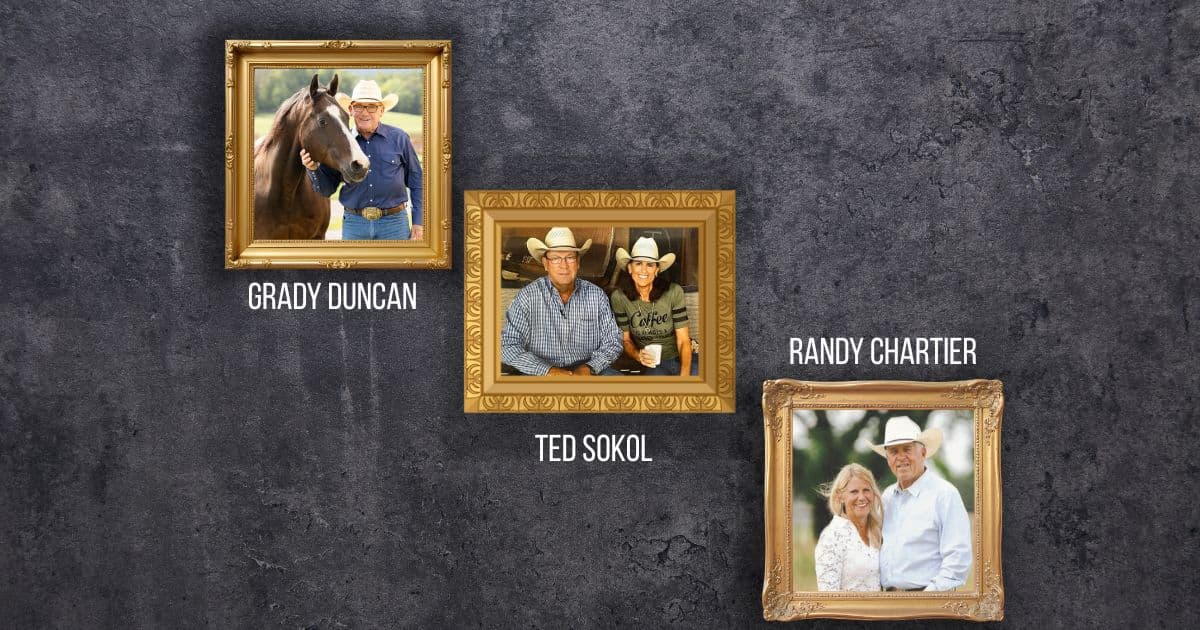 Three gold-framed portraits of cowboys and couples in hats on a slate wall, labeled Grady Duncan, Ted Sokol and Randy Chartier