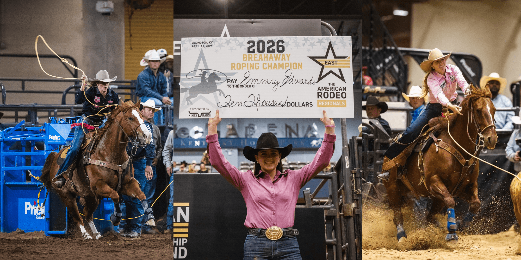 Three-panel collage of breakaway ropers swinging loops on horseback and a smiling winner hoisting an oversized American Rodeo Regionals champion check