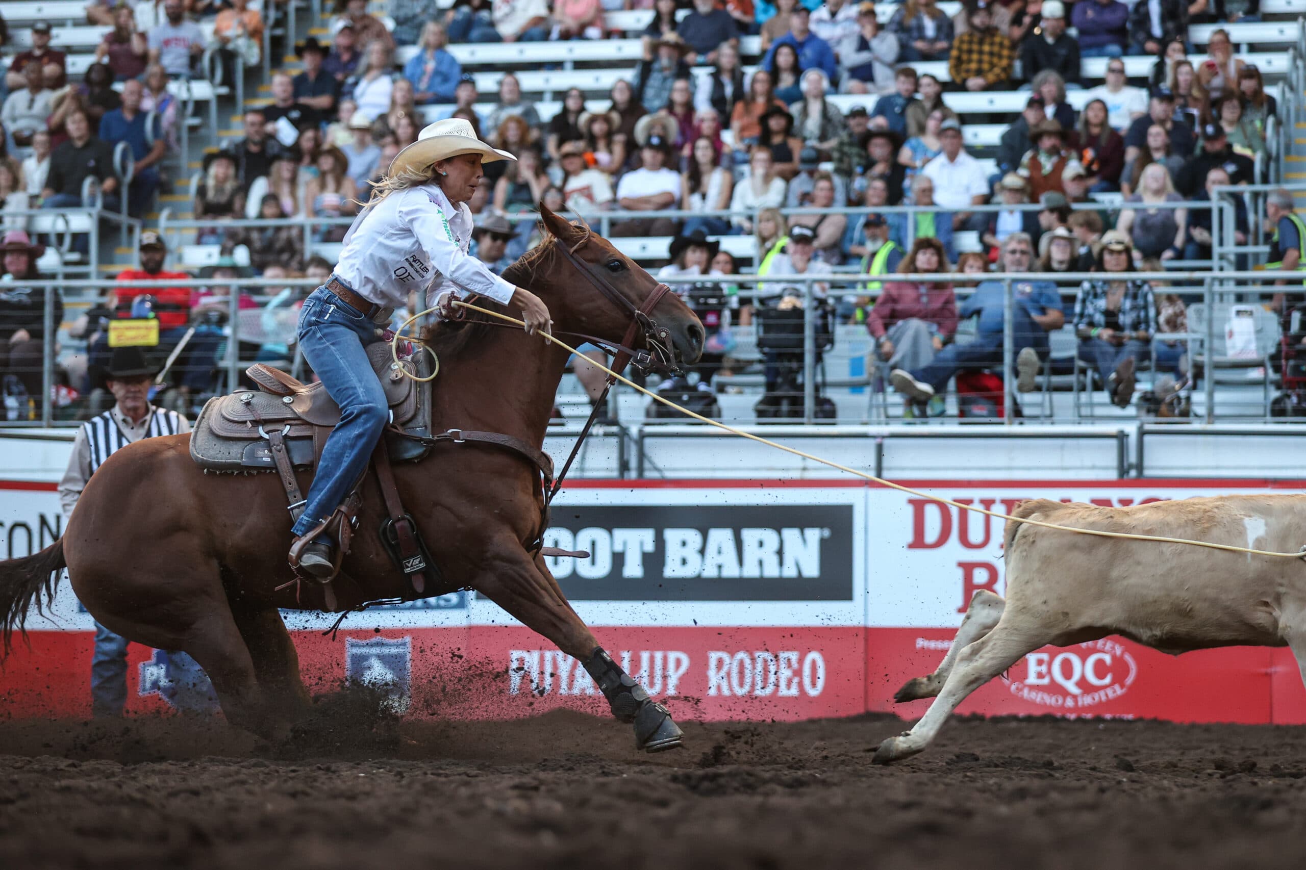 Barrel racer on brown horse racing toward barrel at rodeo arena with crowded grandstands in background