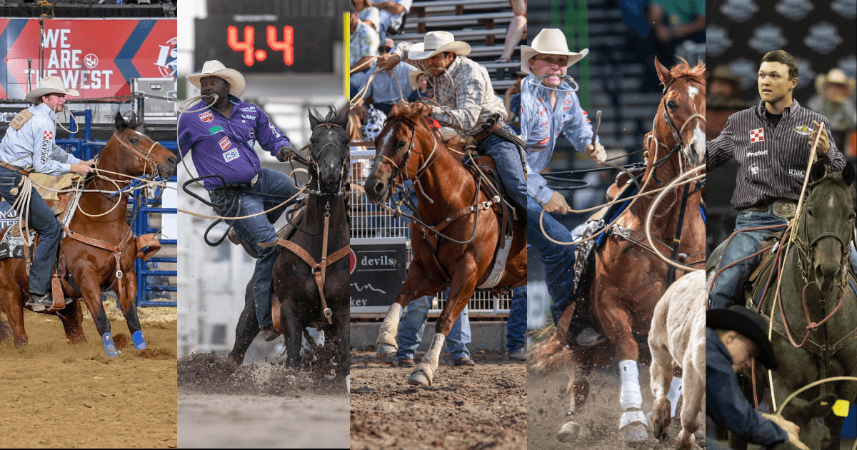 From left to right: Dylan Hancock on Major A 200, John Douch on Peponchek Royalspade, Zack Jongbloed on GM Augusta Drifter, Riley Webb on Lights On CD and Kincade Henry on Duals Crescent Boon.