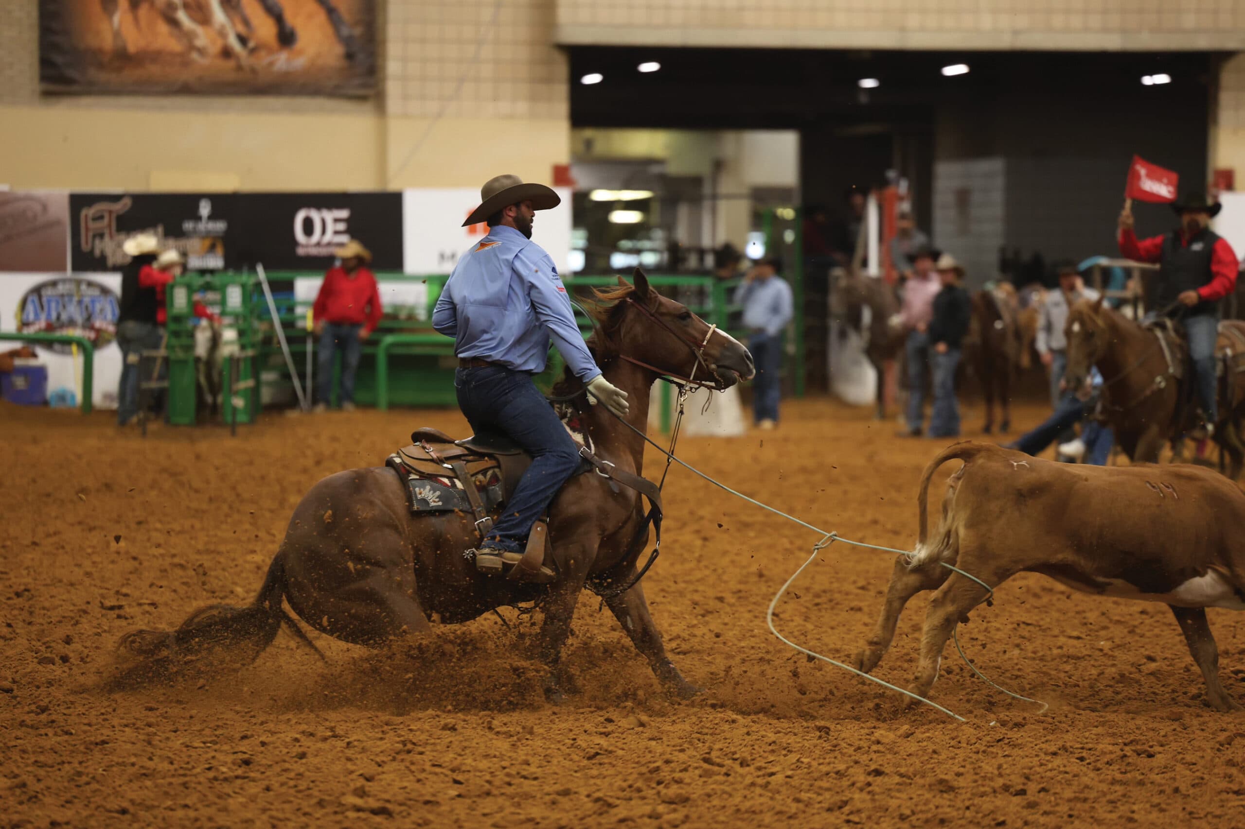 Header roper in blue shirt and cowboy hat slides his sorrel horse to a stop as the rope catches a steer's hind legs in a dirt arena