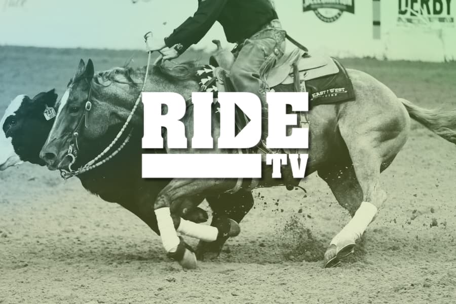 RIDE TV logo over a green-tinted photo of a cutting horse and rider working a cow in an arena