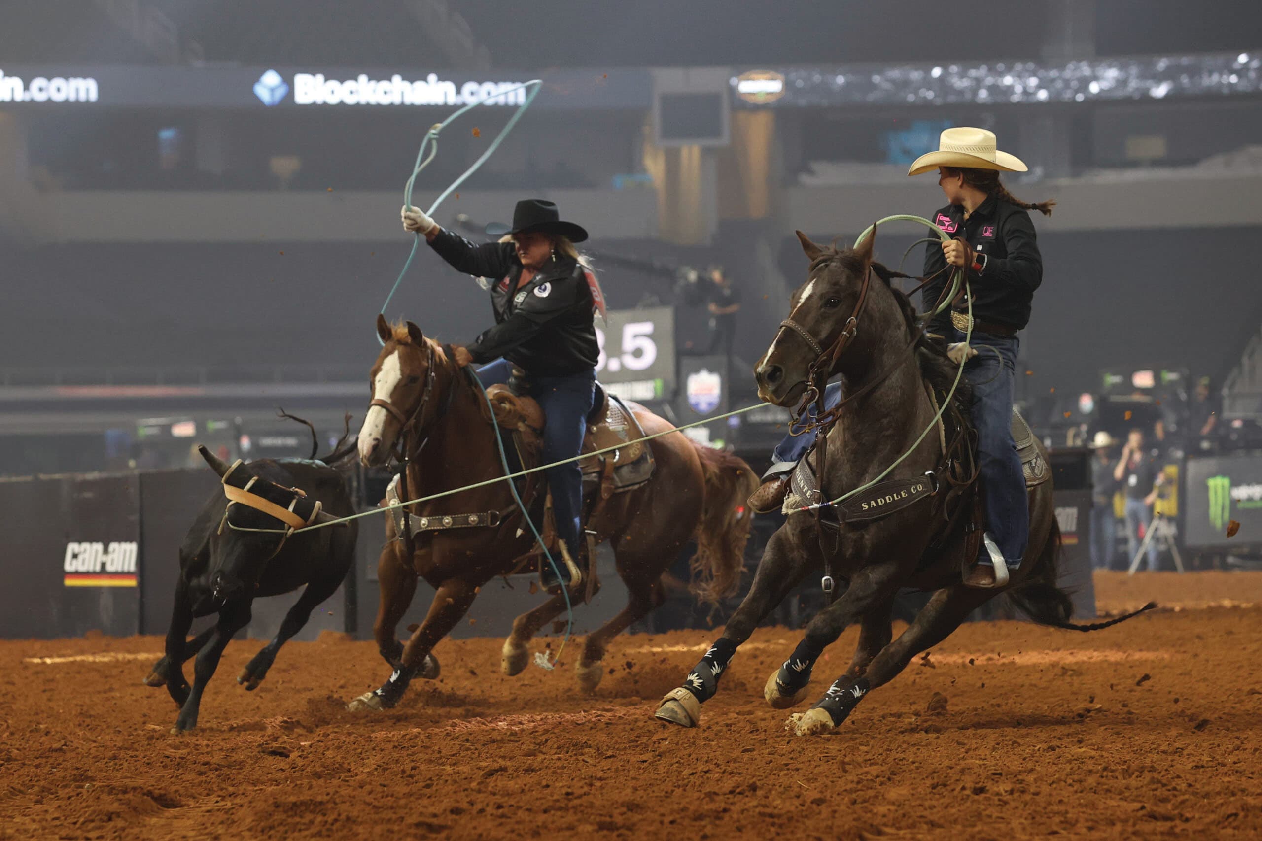 Two team ropers on horseback work a steer during a rodeo competition in an indoor arena