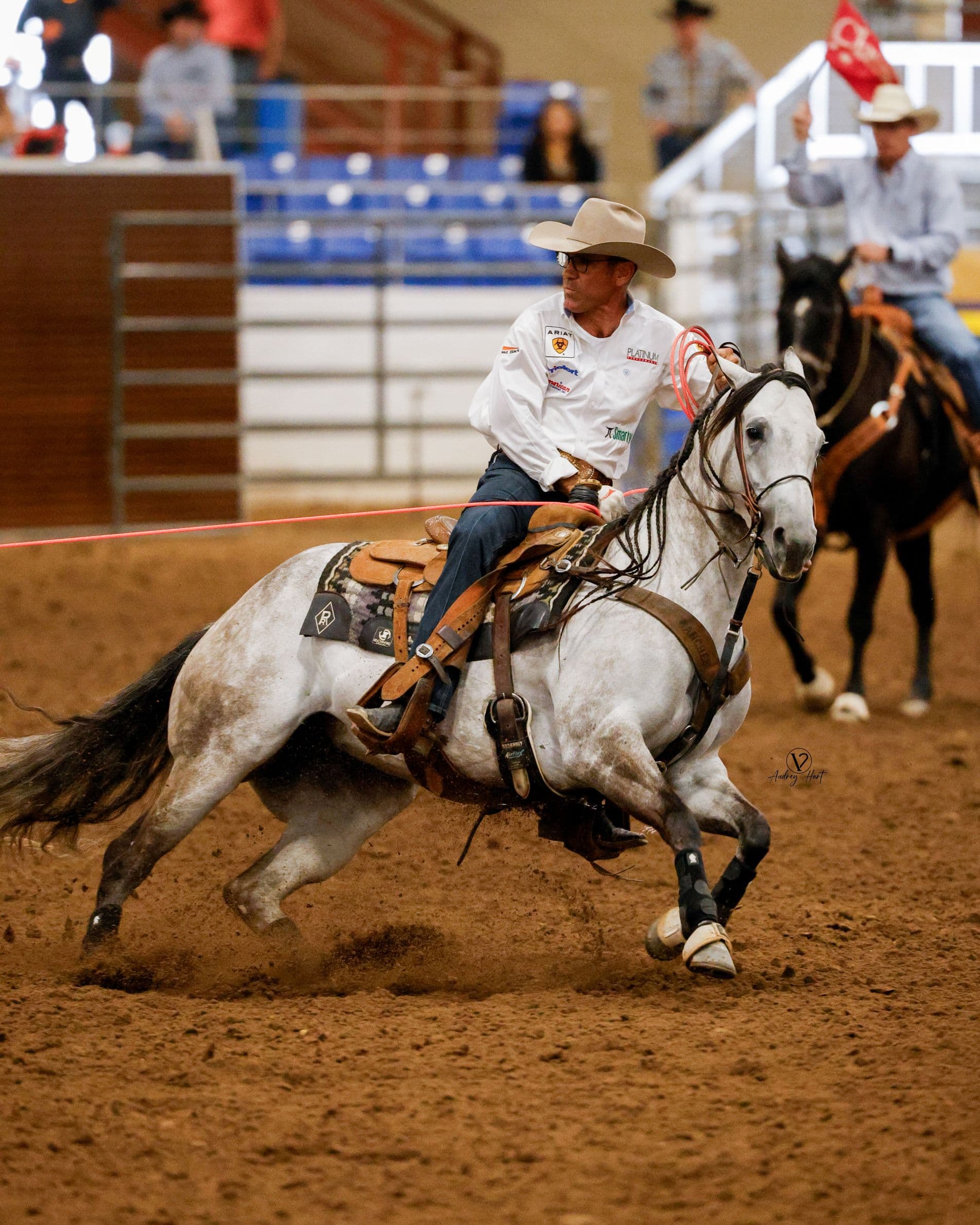 Roper on gray horse executing a rope maneuver in indoor arena during rodeo competition