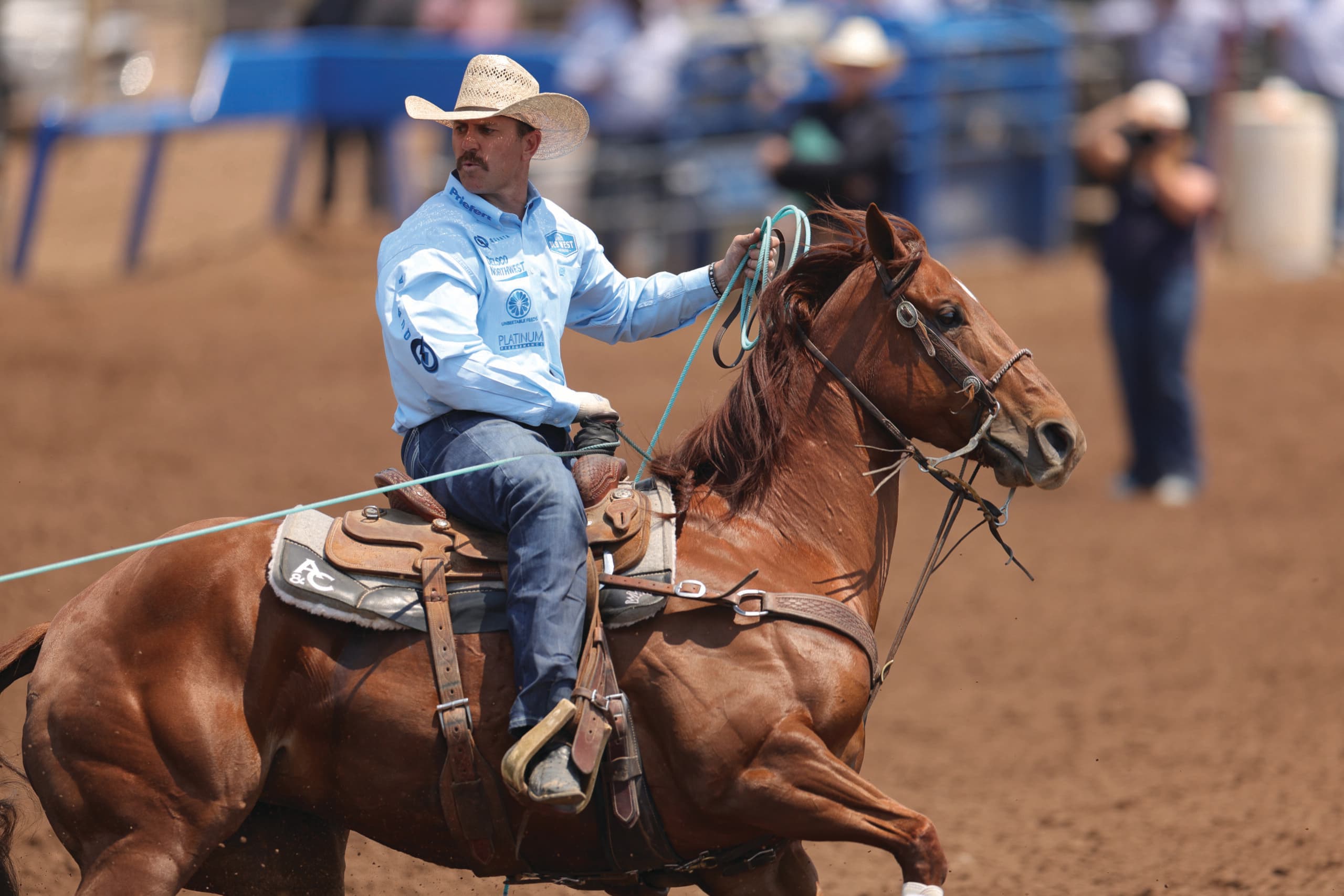 Cowboy in blue shirt and straw hat on chestnut horse holding rope at rodeo arena with blue barriers in background