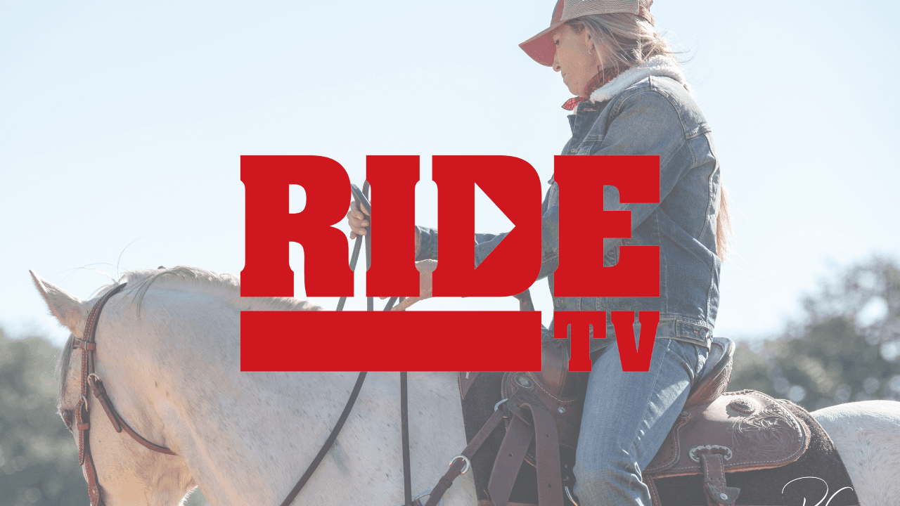RIDE TV logo in red over a photo of a rider in a denim jacket and cap mounted on a gray horse in a western saddle