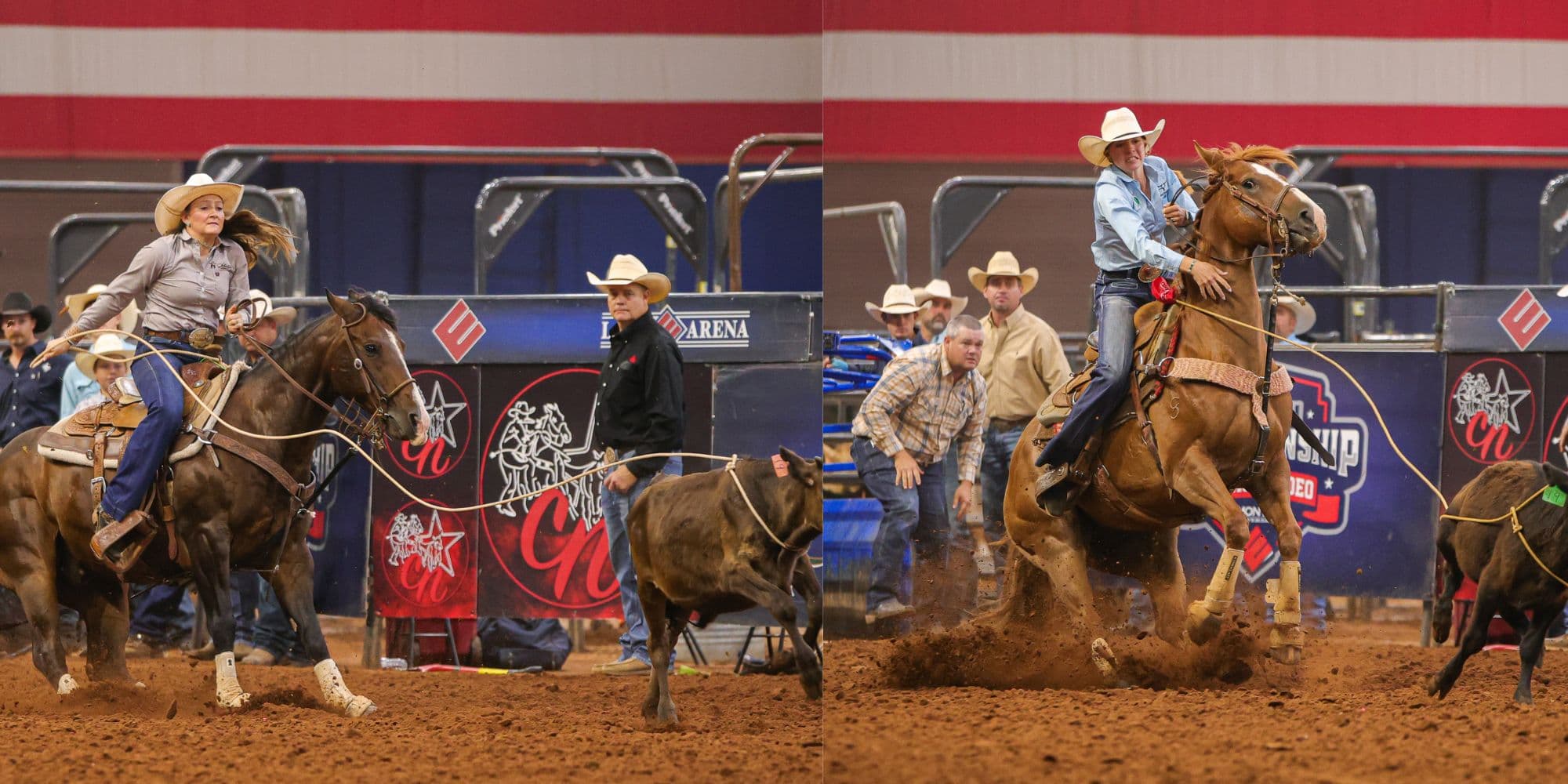 a split photo of both Bleu Hall the junior division winner roping her calf and Saige Setzer the youth division winner roping her calf.