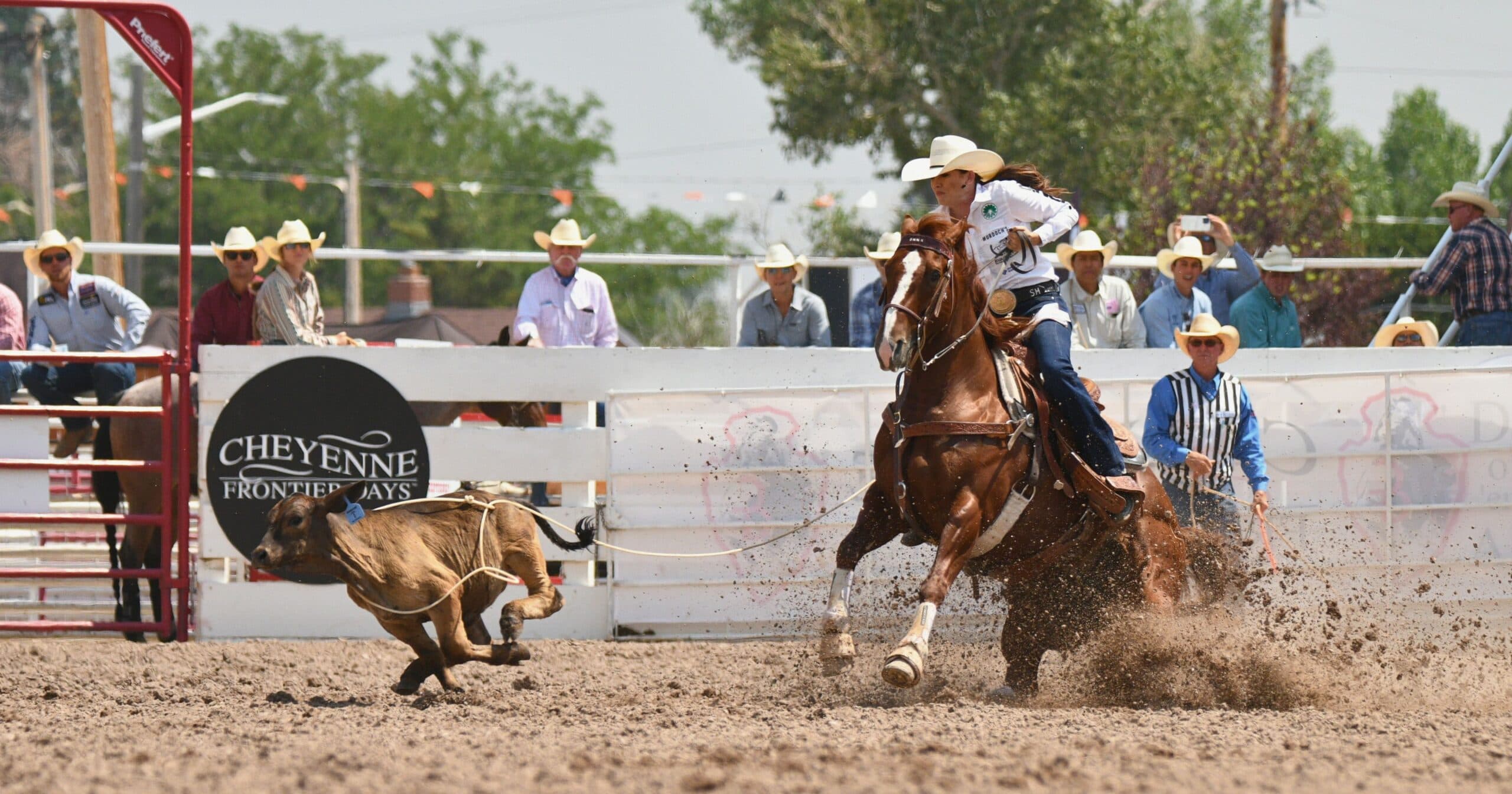 Shelby Boisjoli-Meged and "Onna" netted a slower calf with a habit of heading right for the 2024 Cheyenne Frontier Days win.