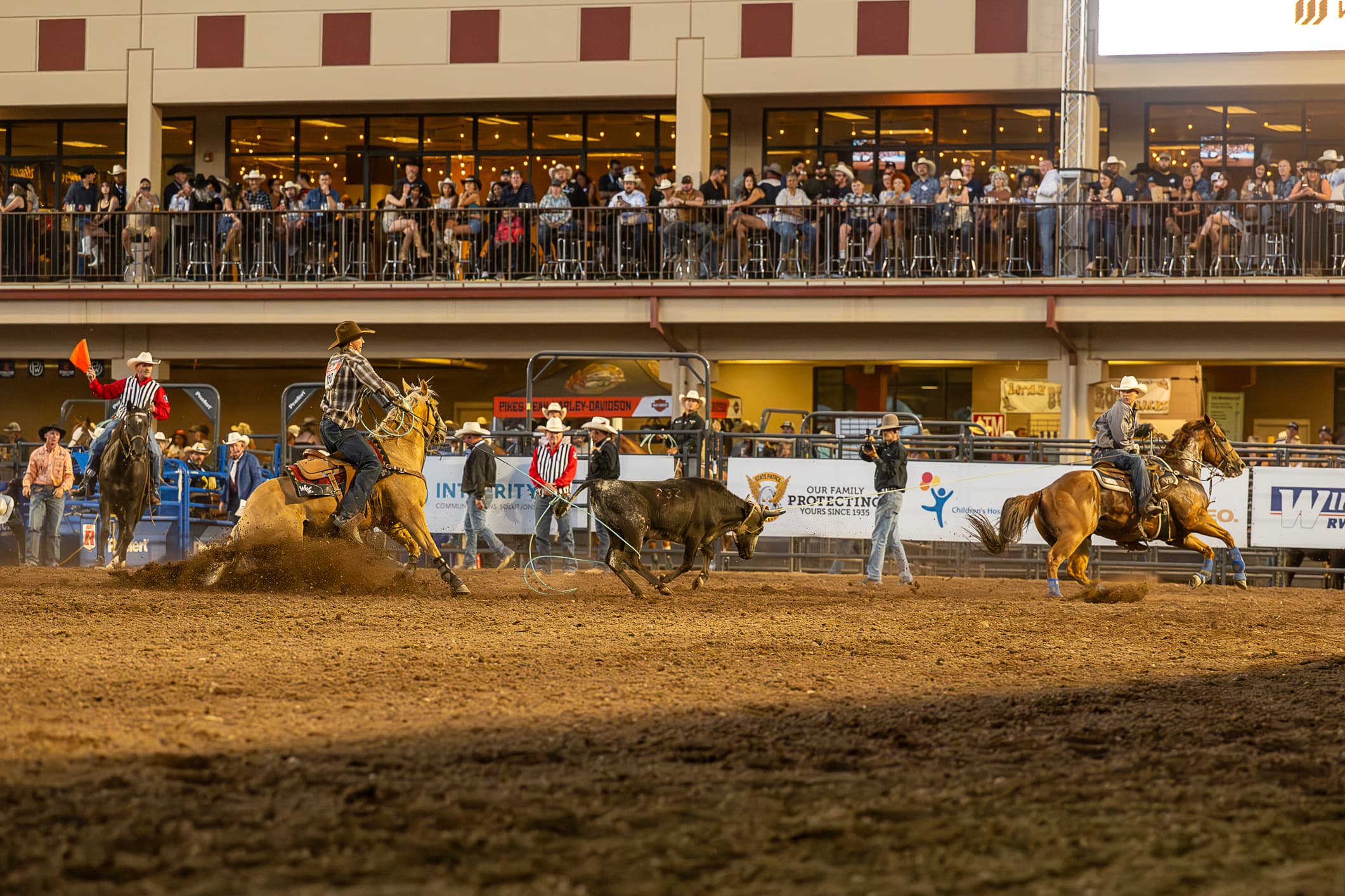Steer roping competitors work cattle in a rodeo arena while spectators watch from upper-level seating and ground-level stands