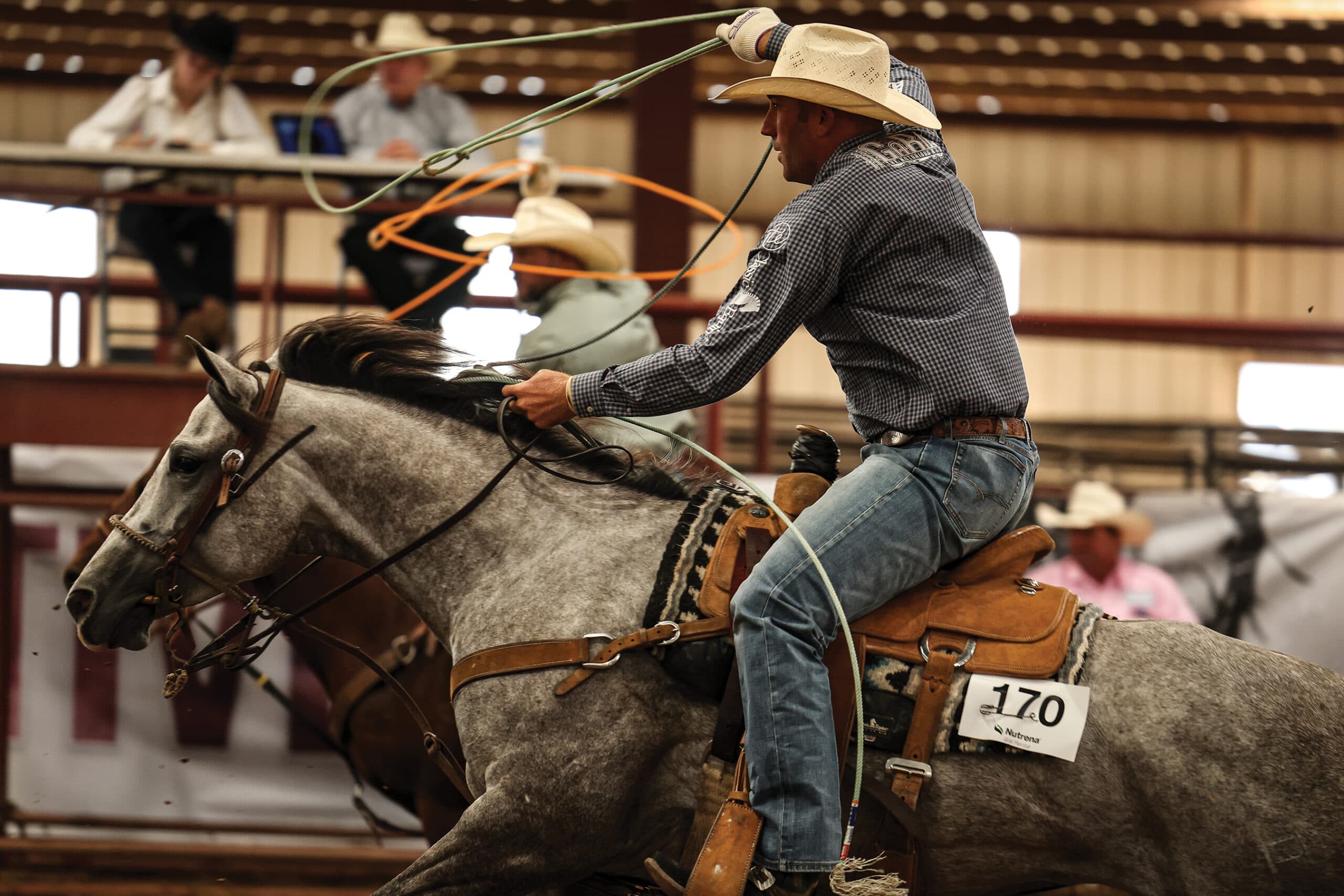 Roper on gray horse wearing cream cowboy hat and checkered shirt holds lasso while competing in indoor arena with number 170 bib