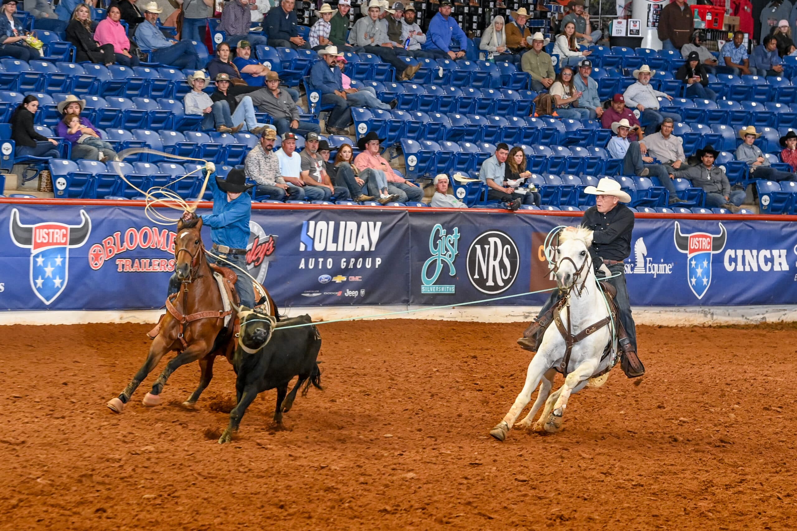 Two ropers on horseback chase a black steer across a dirt arena during a team roping competition at a professional rodeo