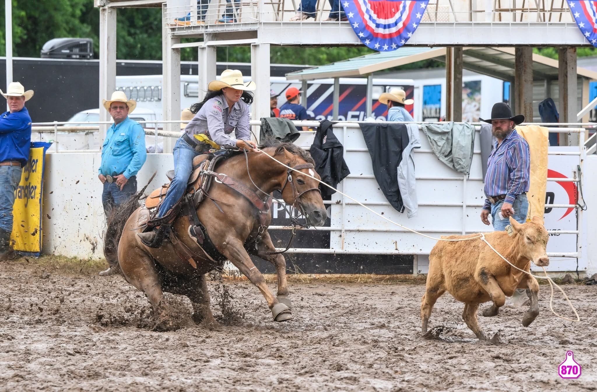 Martha Angelone and Jesse James made the most of a sloppy pen in Cleburne, Texas, topping the rodeo with a 2.0-second time.