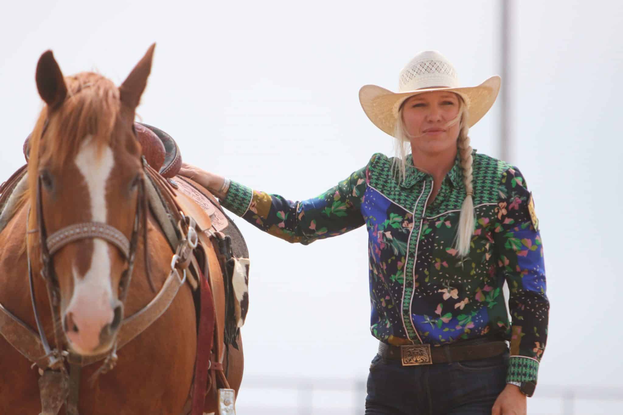 Premier Women’s Rodeo commissioner Linsay Sumpter with her horse, featured on The Breakaway Breakdown breakaway roping podcast
