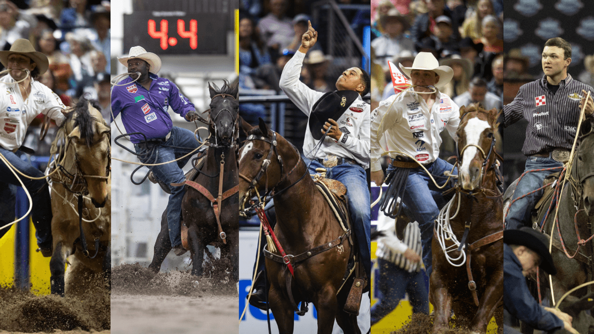Five rodeo competitors on horseback performing different events including barrel racing and bull riding at an indoor arena