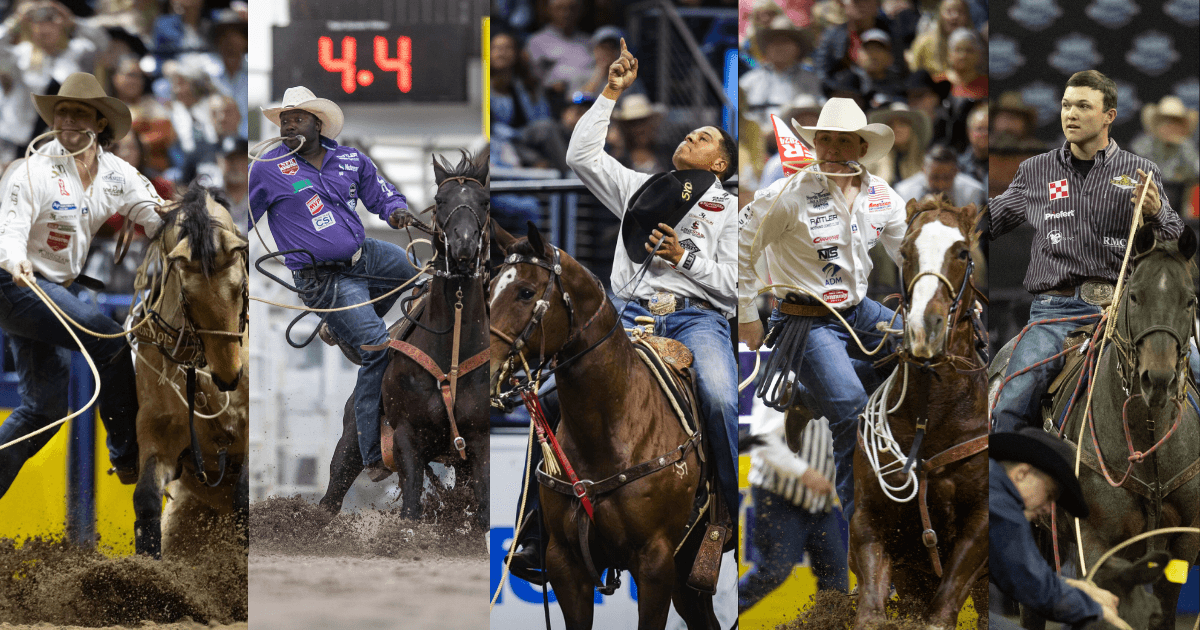 Five rodeo competitors on horseback performing different events including barrel racing and bull riding at an indoor arena