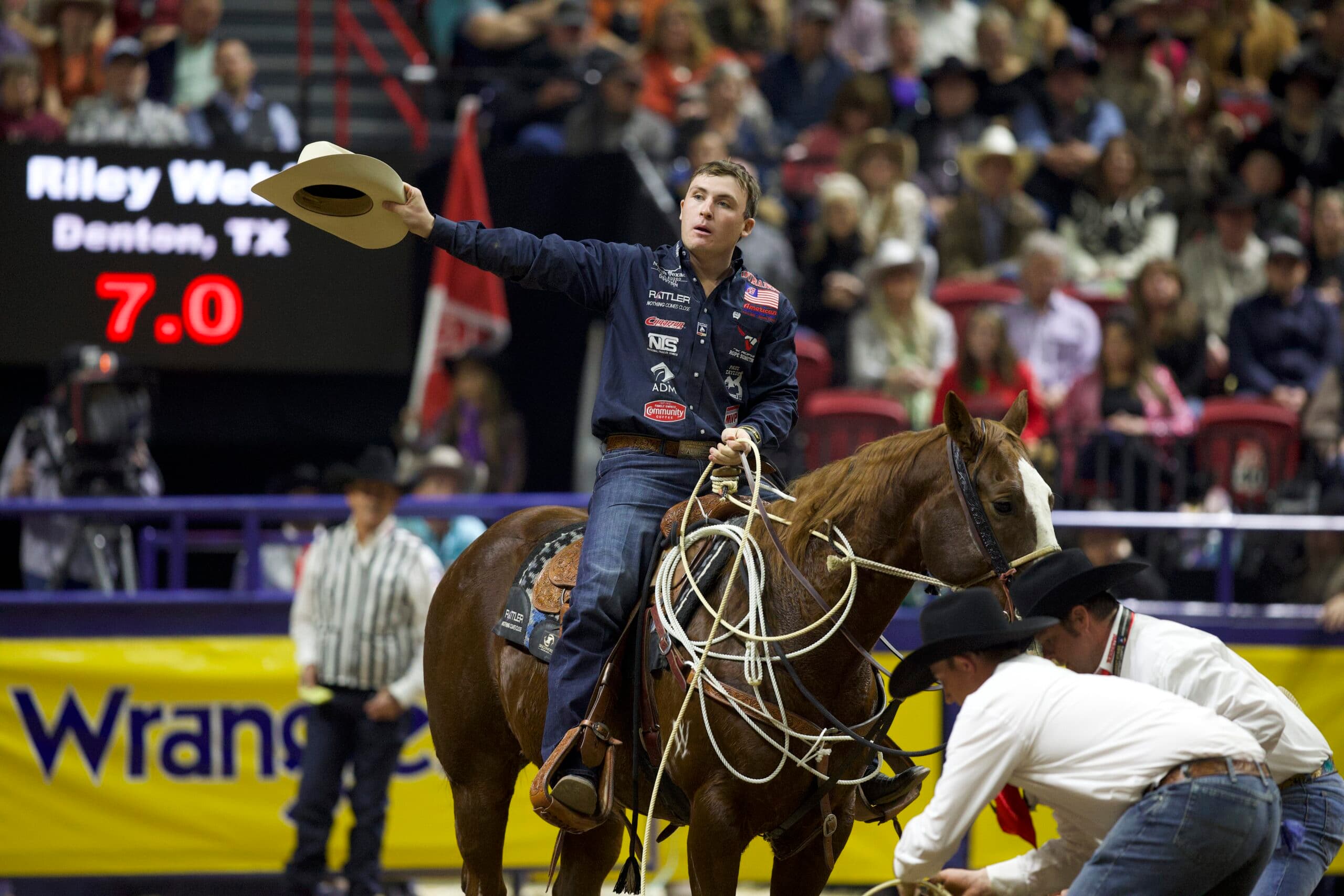 Riley Webb tips hat to crowd at NFR
