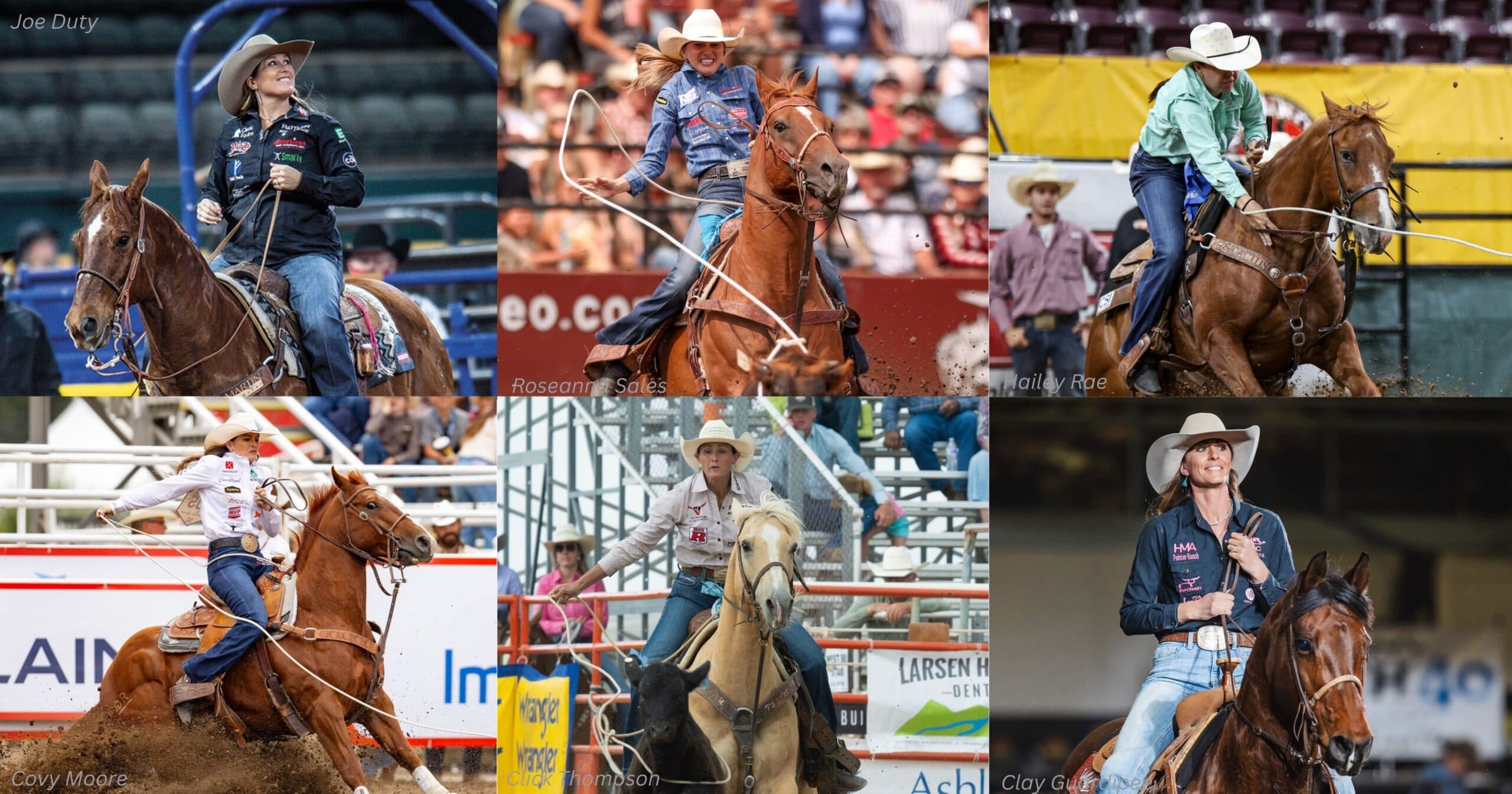 Six-photo collage of breakaway ropers in cowboy hats swinging ropes and riding horses through rodeo arenas
