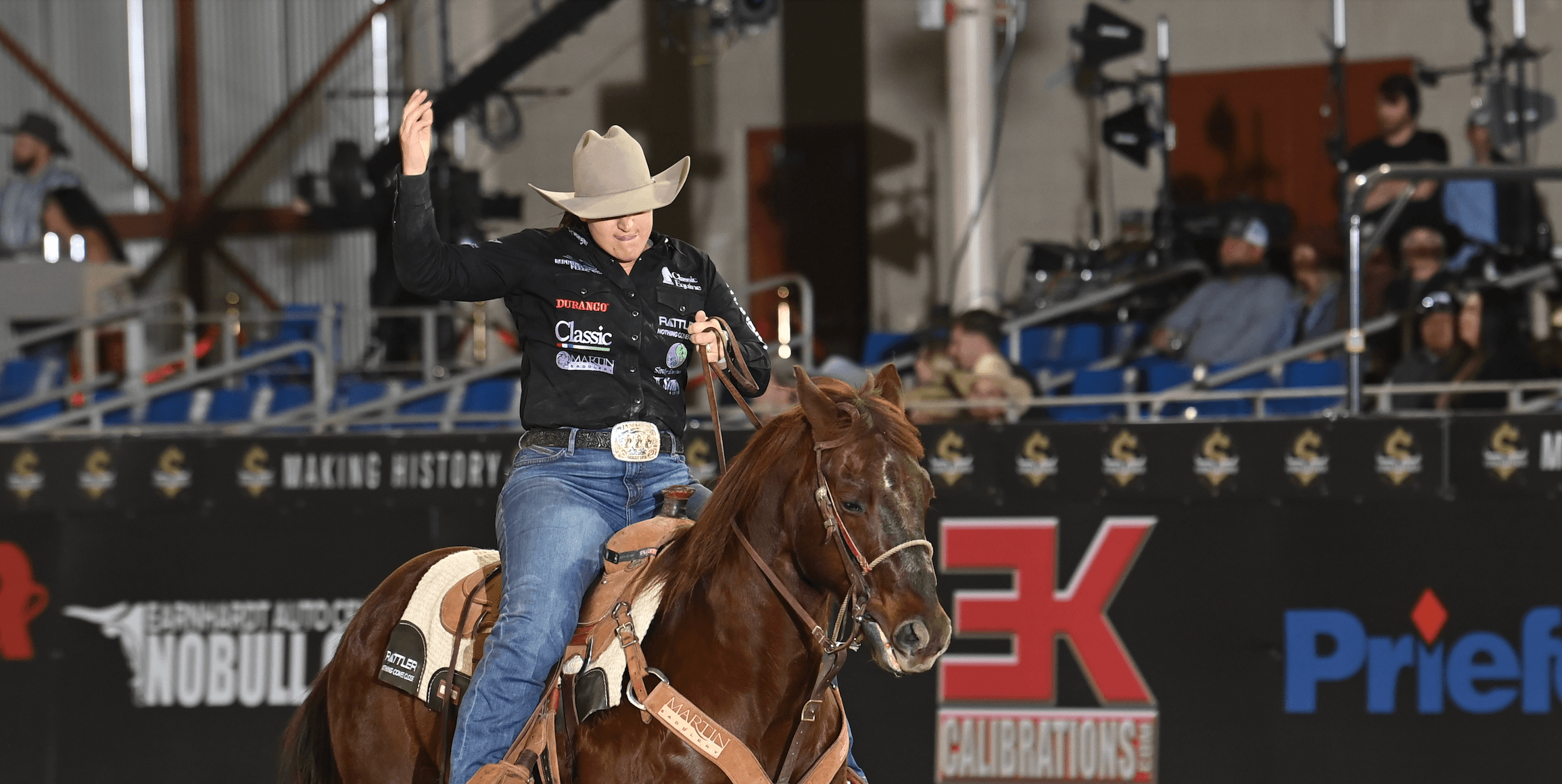 Kelsie Domer rides out of the arena at the 2024 Kimes Million Dollar Breakaway after securing the Average Championship.