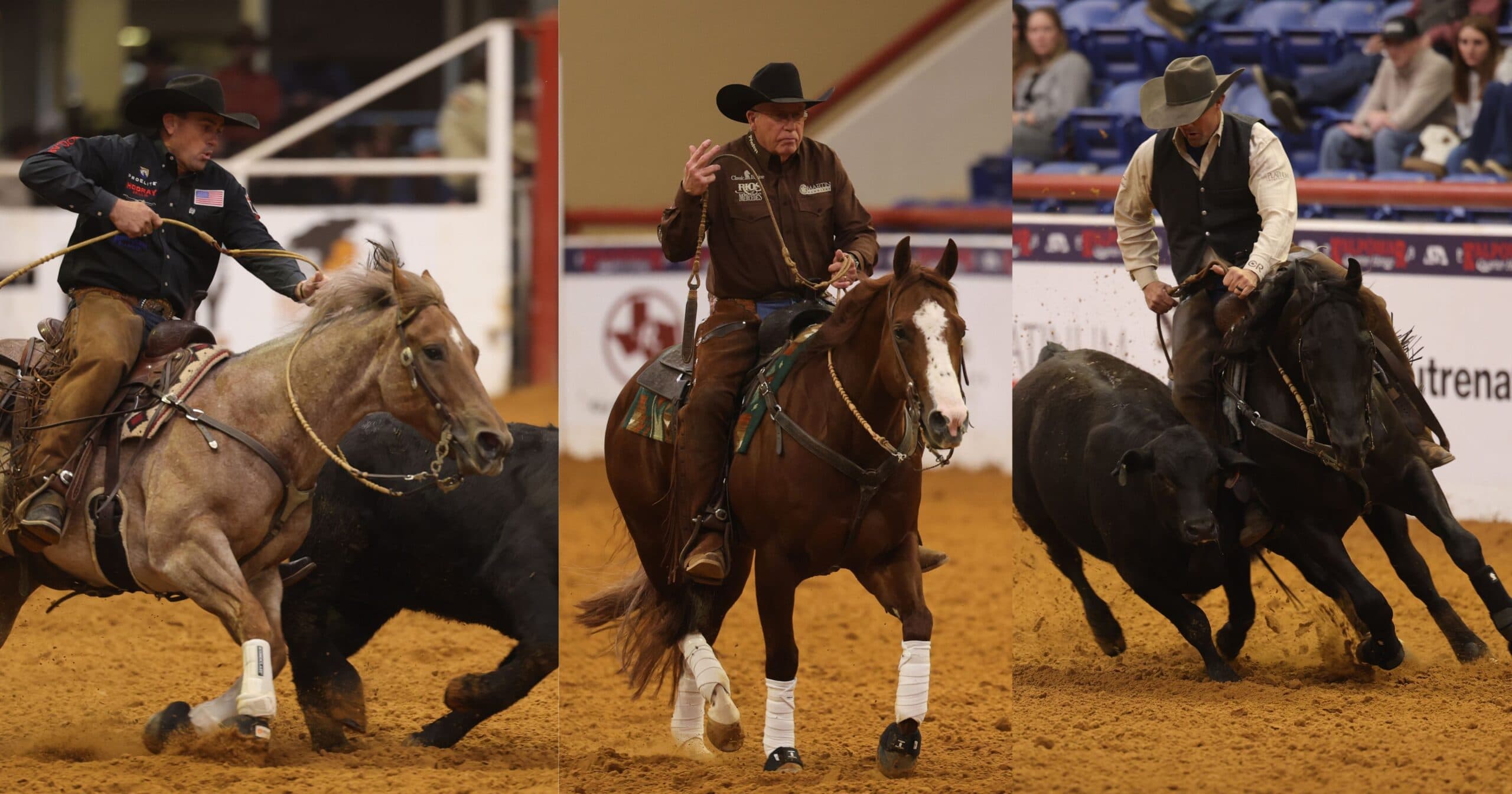 Three-panel collage of ranch horse competitors swinging a rope, reining a sorrel, and working cattle in an indoor arena