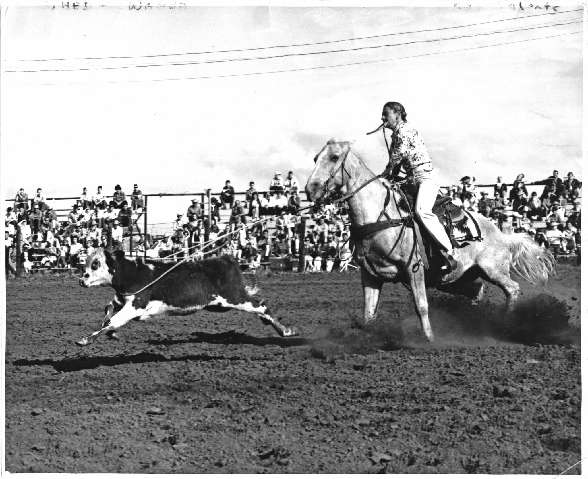 black and white photo of Wanda Harper Bush roping