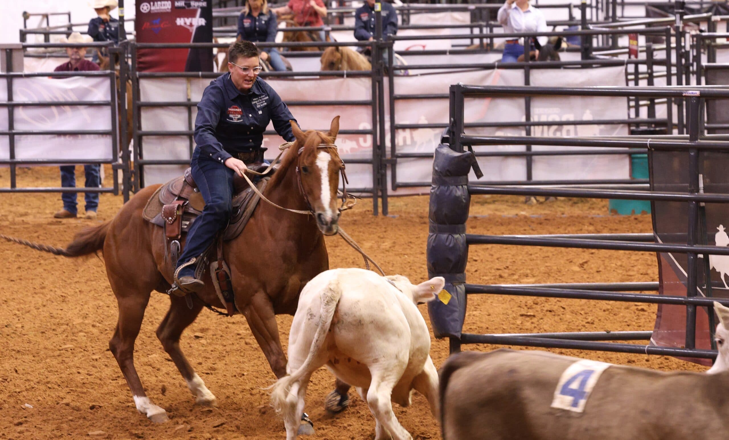 Rider in a navy shirt works a white calf on a sorrel horse during a ranch sorting run in a dirt arena